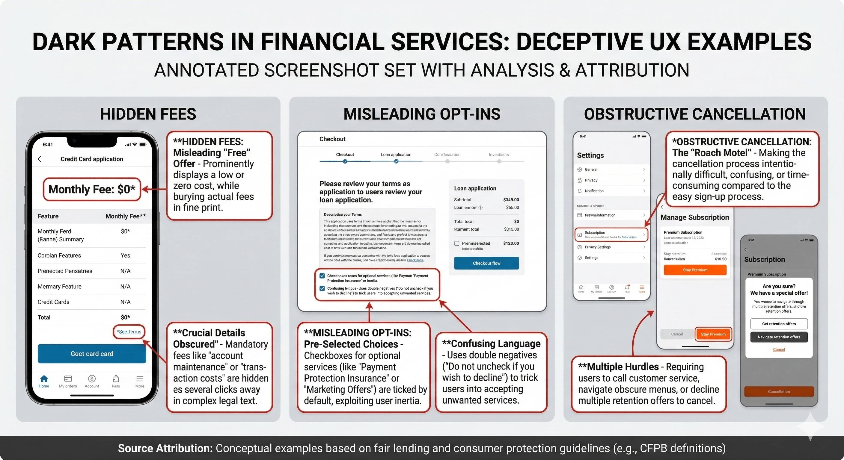 Annotated examples of dark patterns in financial app interfaces including hidden fees, misleading opt-ins, and difficult cancellation flows.