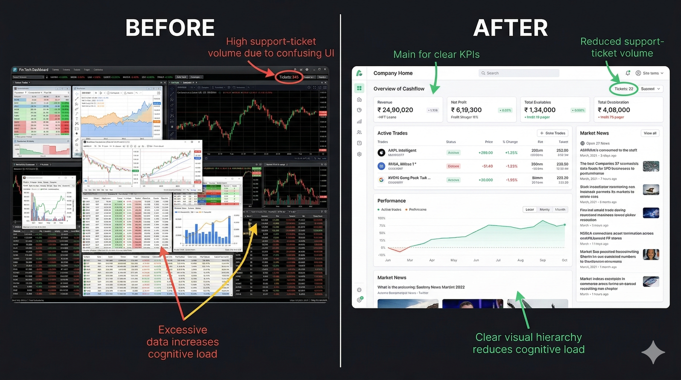 Before and after comparison of a financial dashboard redesign showing improved visual hierarchy and reduced cognitive load.